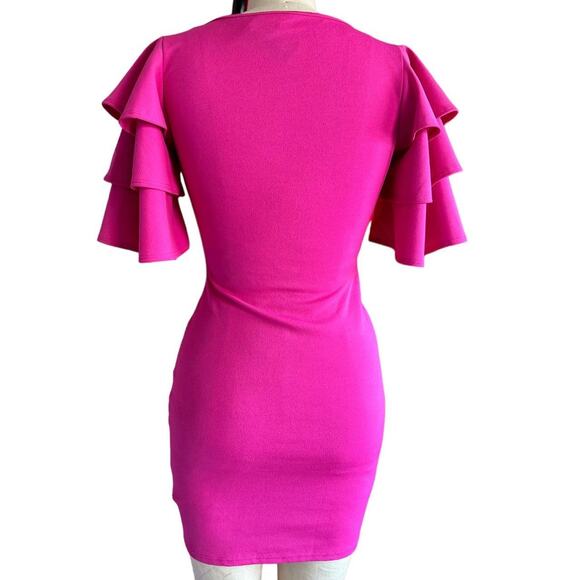 Womens Dress Size Small Pink BodyCon Ruffles Retro 80s Vibes Fun Bold Party - Picture 5 of 8